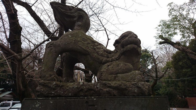見てないですがアニメ「らき☆すた」の聖地らしい、埼玉県久喜市の鷲宮神社へ。狛犬がダイナミック。