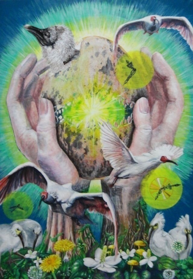 ⚫︎朱鷺の飛躍的世界浸透
サイズ:B2
2012年の朱鷺の雛が誕生した新聞記事を絵にしたもの。人間が緑や自然を支え、調和し、未来に向かって朱鷺が羽ばたいていく。朱鷺が身近な存在として自然と、その中に居るような未来を祈り、描いた。

#朱鷺 #アナログ #ART #自然 #愛鳥週間 #自然保護 #アクリル絵具