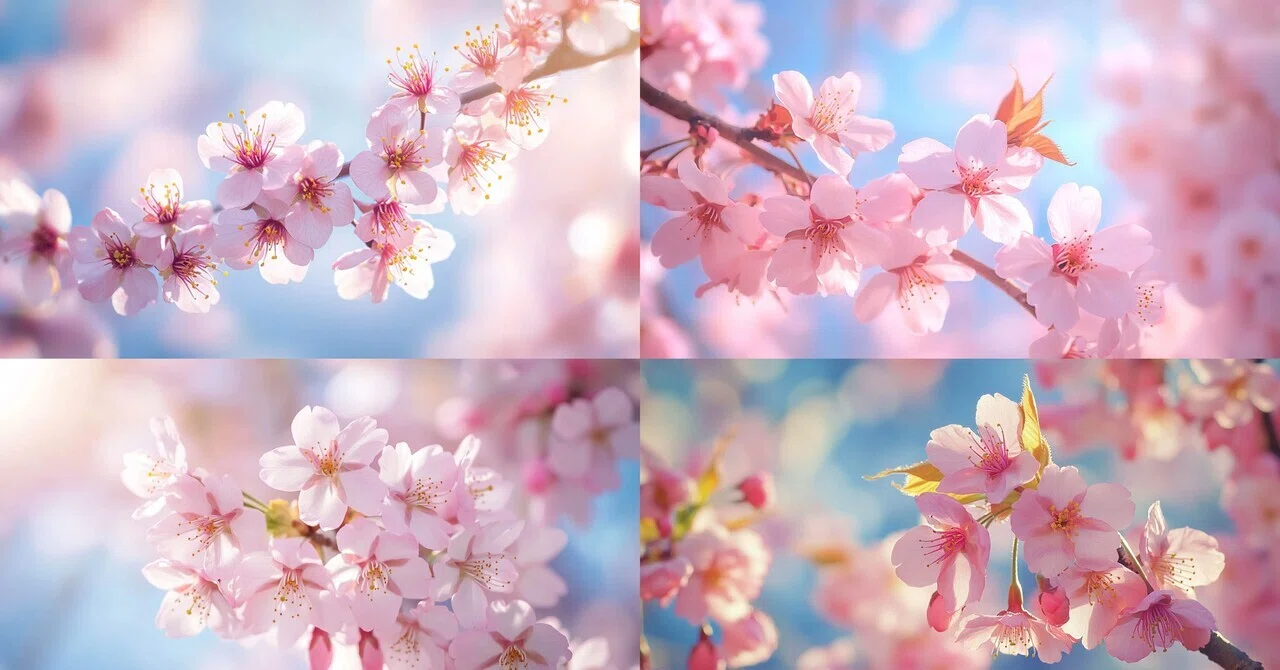 Midjourney /青い空を背景に【満開の桜のクローズアップ】を作る為の