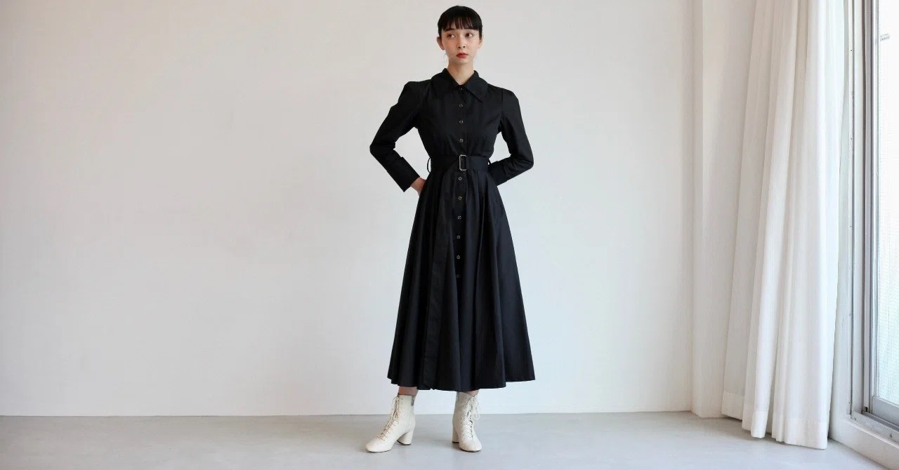 THE DRESS #18】珍しくタイトめなドレス、金縁ブラックボタンが