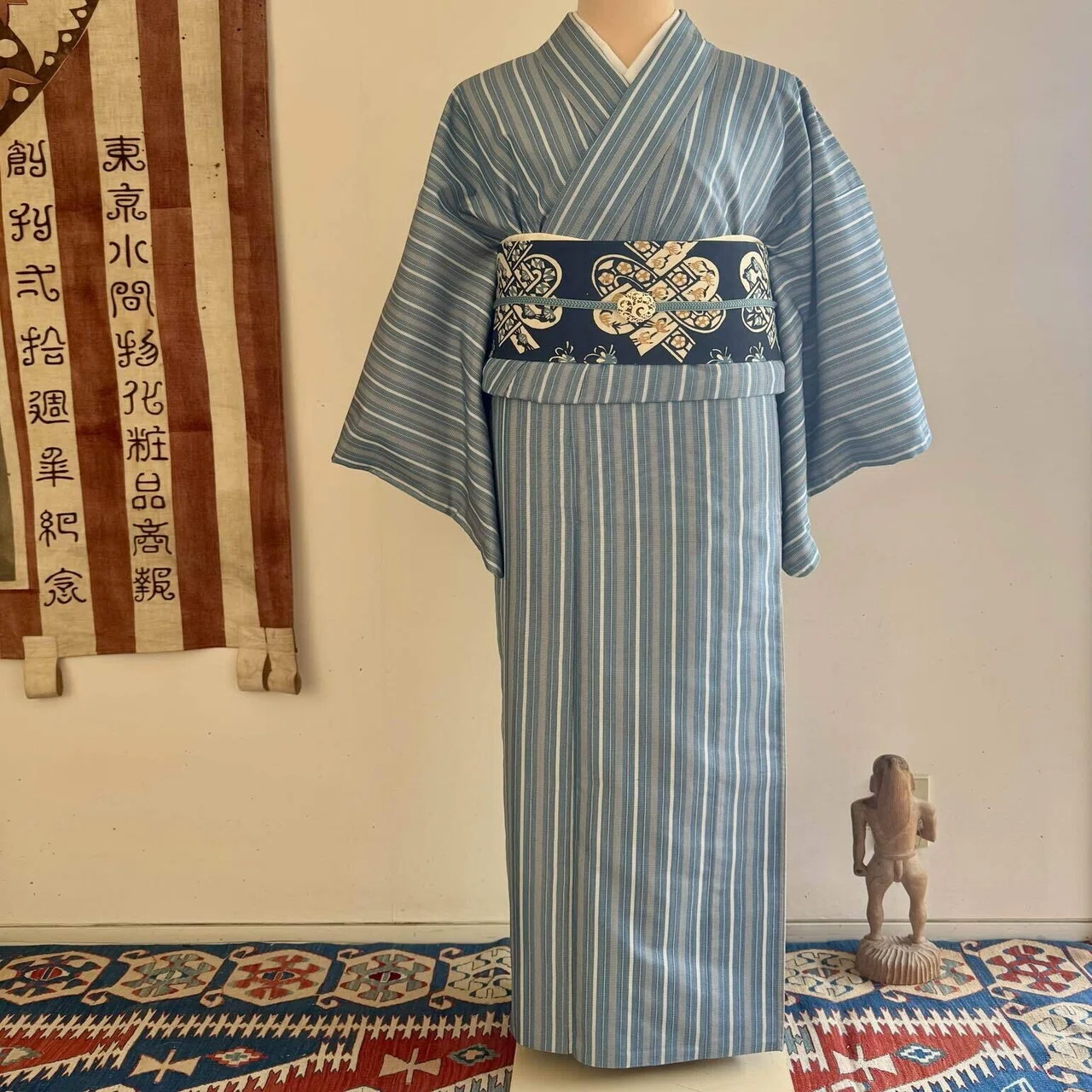 藍の縞大島紬着物｜夢吉きもの