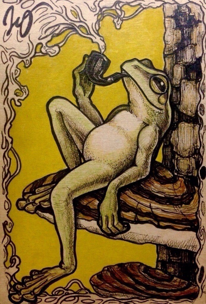 ⚫︎煙管を噴かして
アンティークだけどPOPなイメージで描きました。このキノコは「サルノコシカケ」ですが、これだと「カエルノコシカケ」ですね笑

#キノコ #アナログ #ART #色鉛筆 #kaeru #かえる #蛙 #カエル #イラスト #アンティーク #ペン #煙管