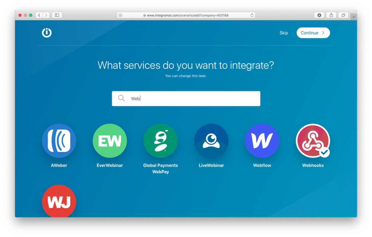 Integromatでシナリオ作成のためにサービスを選択