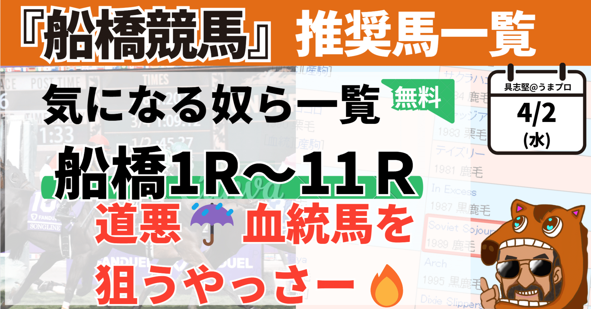 4/2(水)船橋競馬 激熱血統該当馬一覧🔥｜優太の追い切り考察会場