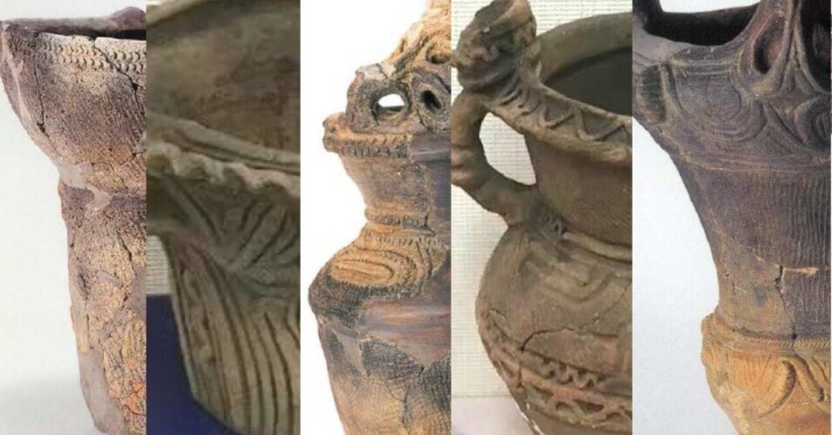 縄文土器 獣面把手と縄文土器底部