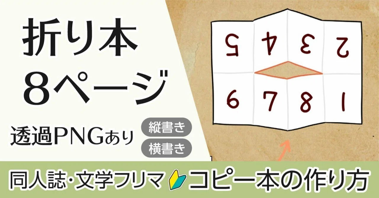 袖珍折り本 折り本という8ページZINE：簡易版テンプレート縦書き・横書き透過PNG