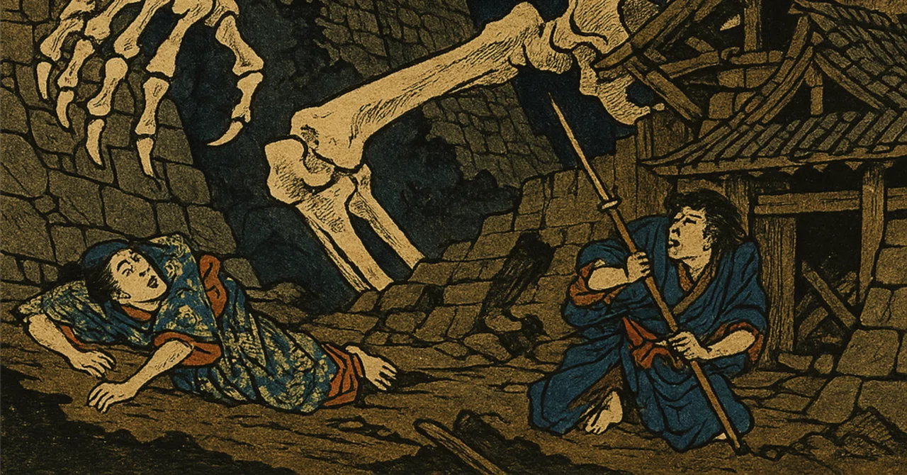 自作「街を覗く餓者髑髏」 第16回 ChatGPT-4o 国芳風「がしゃどくろ」｜stoat790