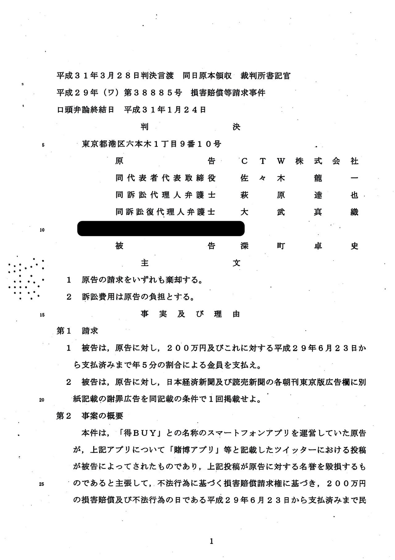 CTW株式会社に名誉毀損で訴えられ弁護士に依頼せず本人訴訟で