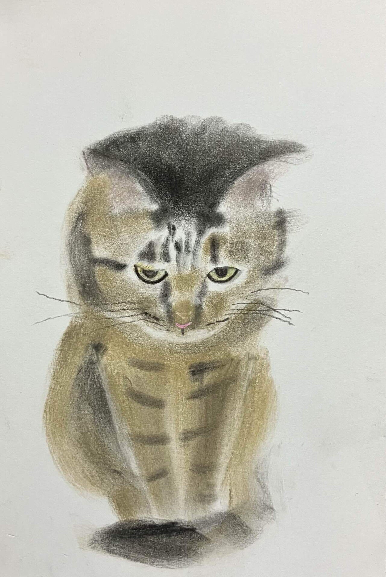 【原画】『森を出る太古の戦士』（猫の絵　猫グッズ　苔　パステル画） 猫の絵 143 水彩画 原画 グレー猫