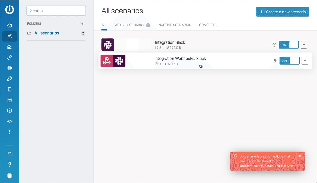 Integromatのシナリオ一覧画面