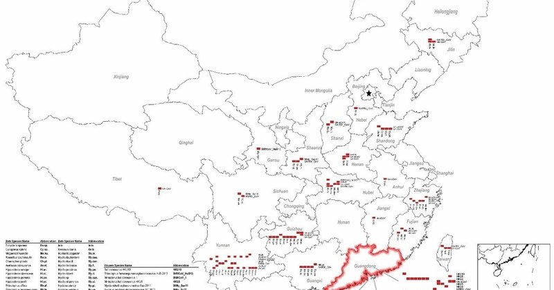 中国におけるコウモリのコロナウイルスの分布