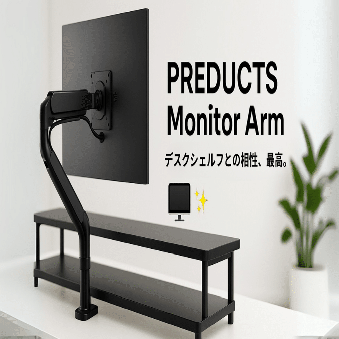 PREDUCTS Monitor Armが気になる！デスクシェルフとの相性抜群の