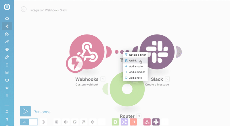 WebhookモジュールとSlackモジュール間のリンクを外す