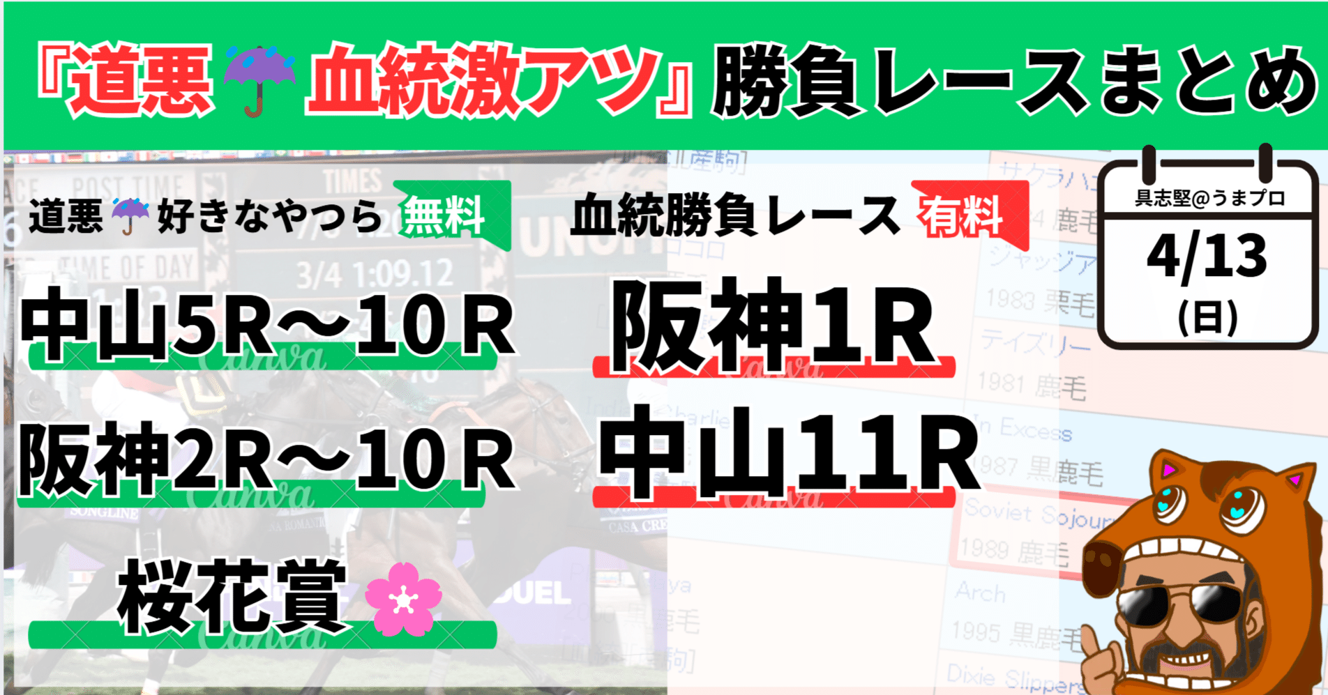 4/13(日)中央競馬 道悪☔好きそうな血統該当馬一覧🔥｜追い切り