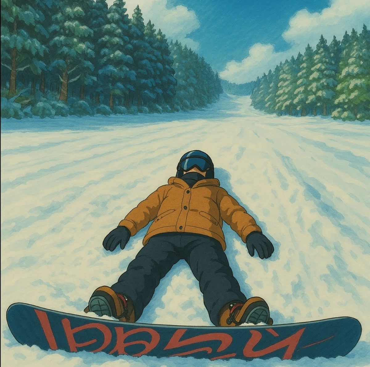 スノーボードを履いたまま雪に転がる夫のイラスト