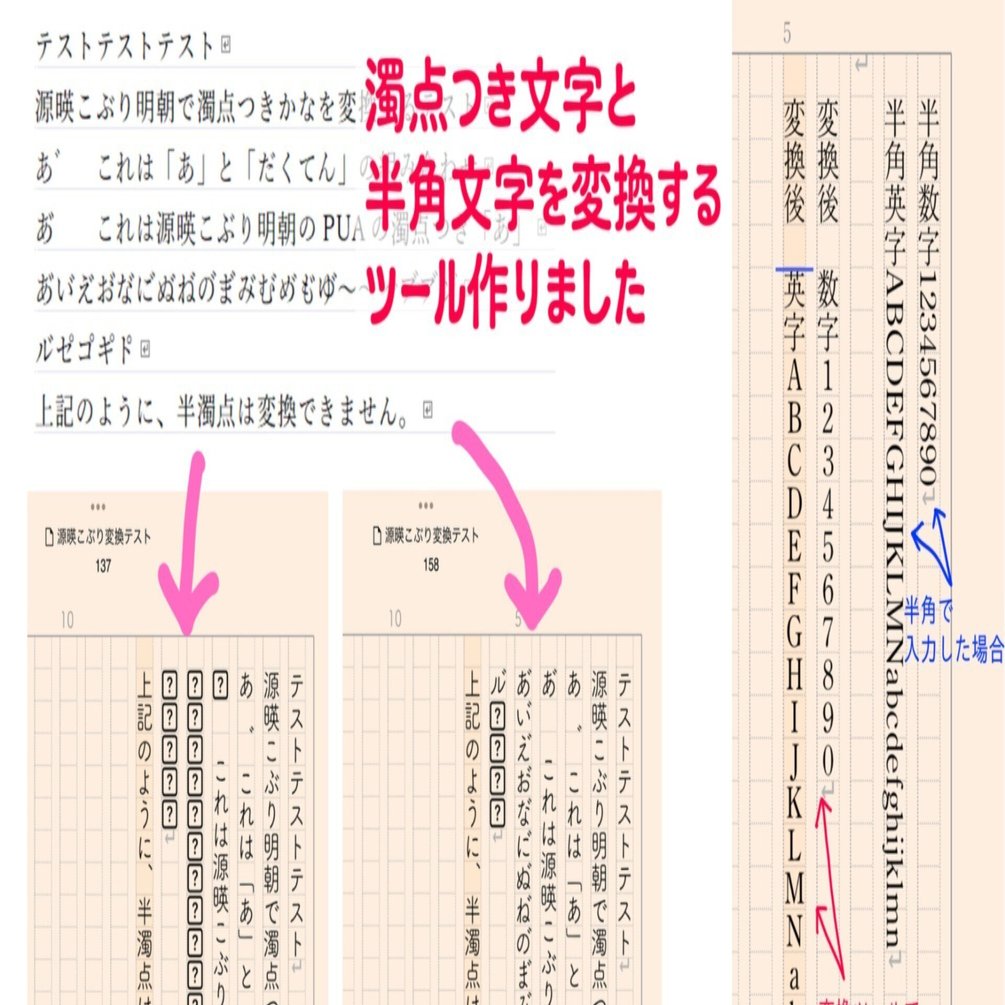 源暎こぶり明朝等で入力した濁点つき文字を縦式用に変換｜ｱﾋﾙﾁｬﾝ