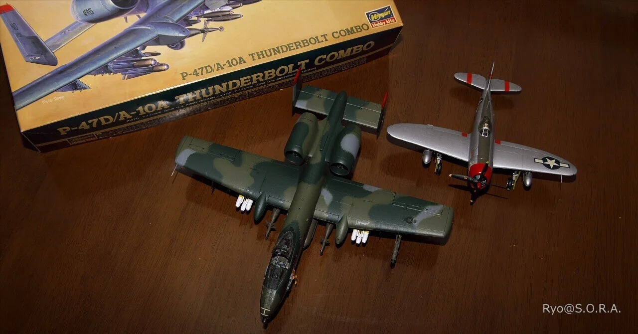 戦闘機４点セット（サンダーボルト＆ムスタング＆隼＆スカイトレイン）外箱に難あり！ プラモデル製作記 ハセガワ 1/72 P-47D/A-10A サンダーボルト コンボ
