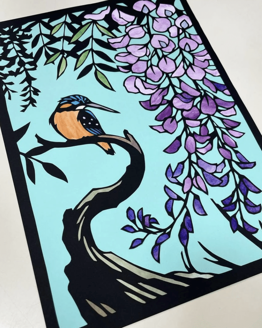 藤の花と翡翠【切り絵図案ダウンロード販売】｜切り絵作家 草太