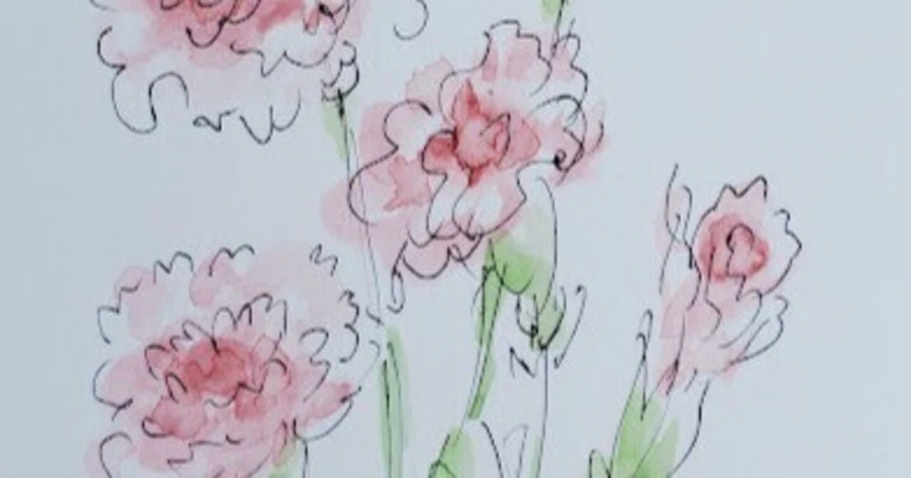 ボールペンで描いて🌸水彩絵の具とパステルで仕上げるカーネーション