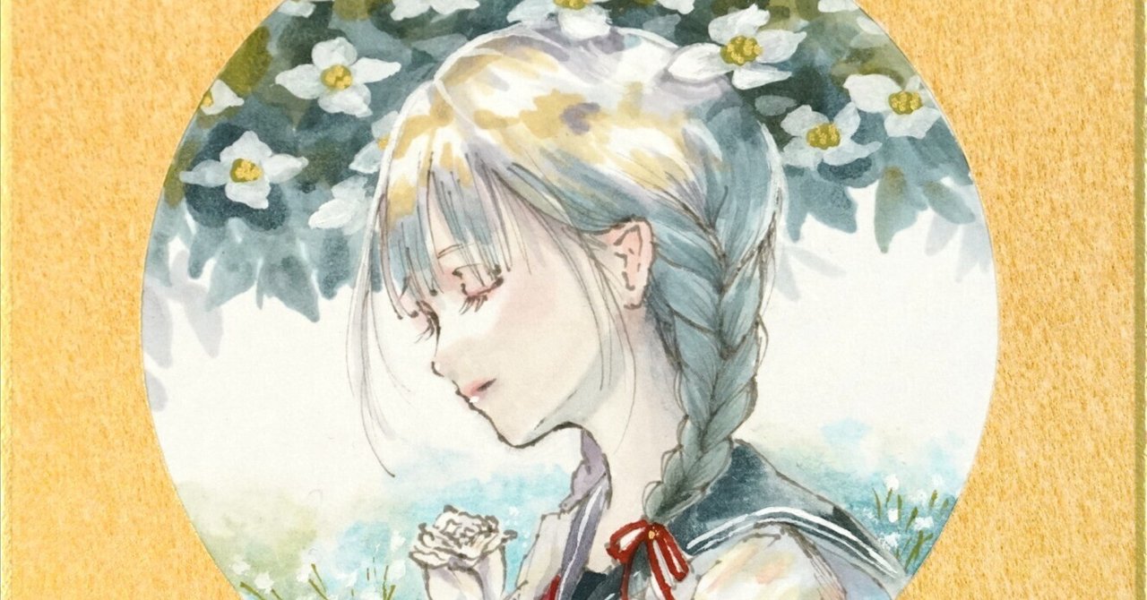 無料】ミニ色紙イラスト「白い花たちと三つ編みの女の子」(2025/04/24
