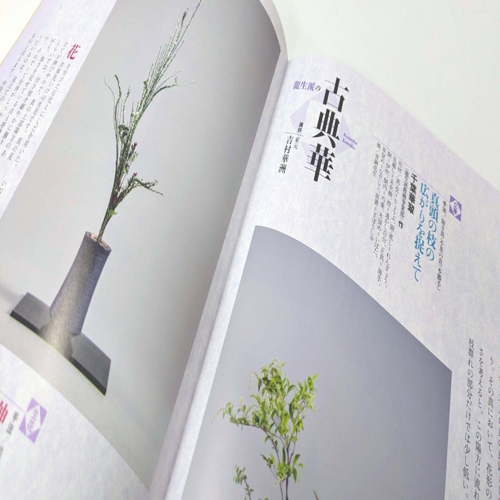 生花＝石化えにしだを伸びやかに用いた置く根締めいけ／立華=りょうぶ