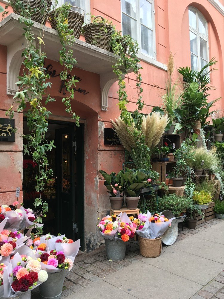 コペンハーゲンのオールドタウンにあるお花屋さん。壁の色と緑が良く合っているし。この飾り方が、なんかイイんだよね〜
