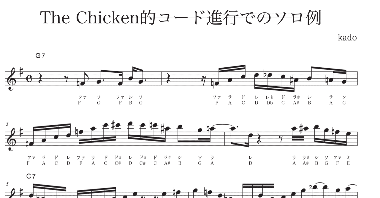 アルトサックス The Chicken的コード進行でのソロ例 加度 克紘 Note