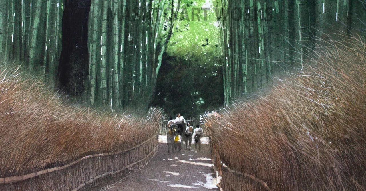 水彩画( 竹林のある屋敷)木製フレーム付き 水彩で描く京都嵯峨野竹林の道・・・細かくマスキングして描きます
