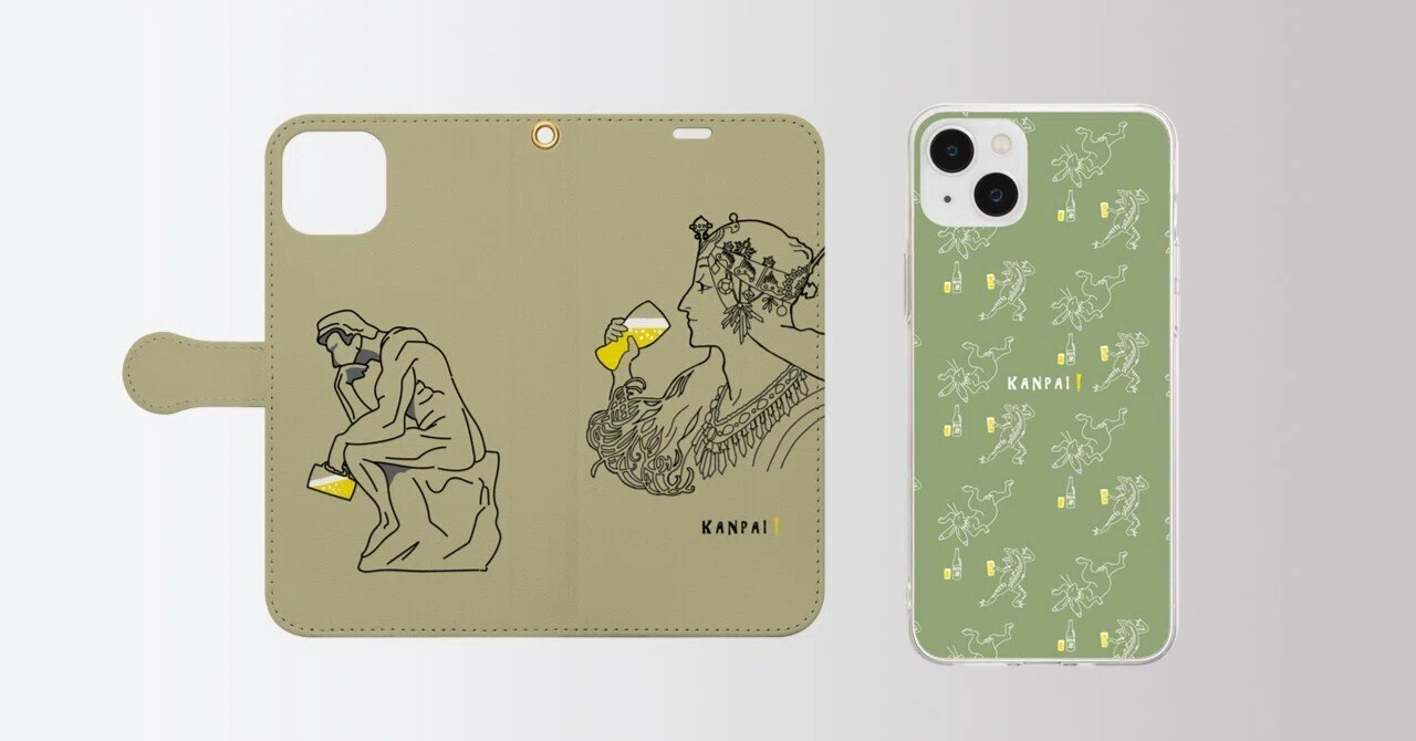 ミュシャ・考える人×BEER」手帳型スマホケース／「鳥獣戯画×BEER