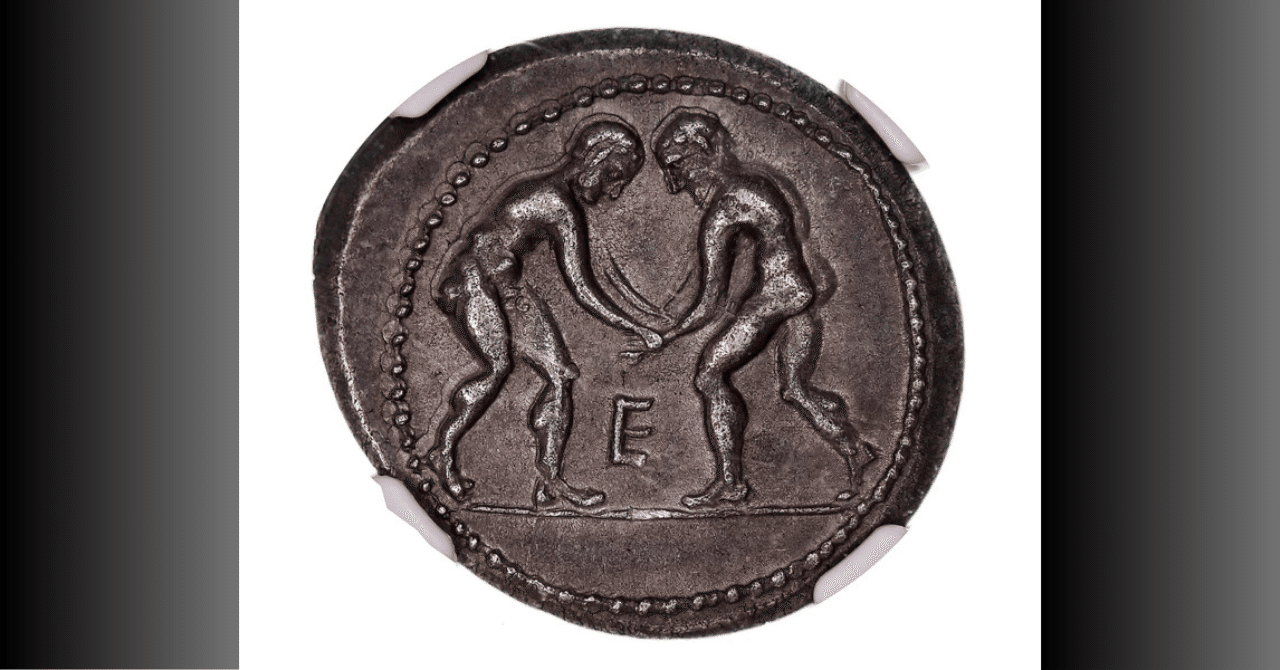 古代ギリシャ　古代ローマ　オリンピック銀貨　レスリング 古代ギリシャの闘技遺産：アスペンドス銀貨が映すレスラーと投石