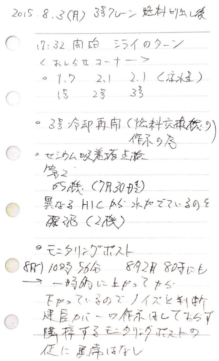 今日の会見は３号機の使用済み燃料プールから取り出された燃料交換機が本題になるはずだったが、協力企業(鹿島建設と思われる)男性作業員が作業を終えてJヴィレッジに到着直後に倒れて搬送後に死亡が確認されたという。
会見の中では熱中症についての質問がなされたが、説明者のシライ氏は「現時点で因果関係が不明なので公表は差し控える」の一点張りだった。
おしどりさんからは当日の浪江町のWBGTから考えても30℃を超えていたのではないか？との質問があった。続く