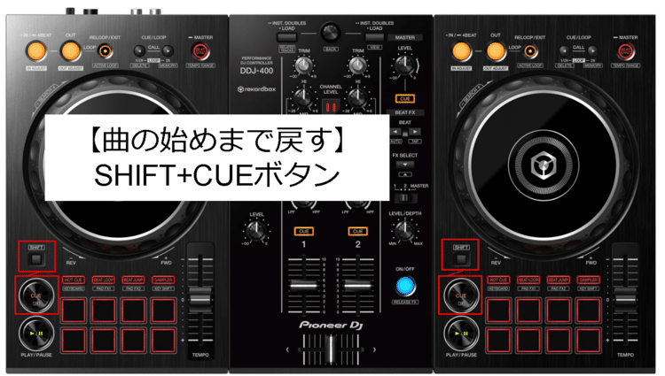 （DDJ-400）SHIFT+CUEボタンで左/右デッキの曲を始めまで戻すことができます