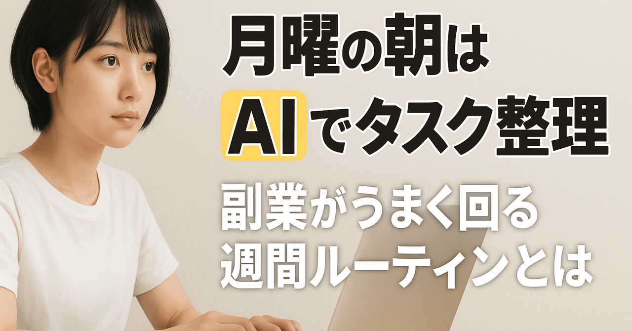 「月曜の朝はAIでタスク整理」副業がうまく回る週間ルーティンとはヒツジ@AI副業コラムライター🌈フォロバ100🤝2500フォロワー📝月2.9万全体ビュー📈250記事