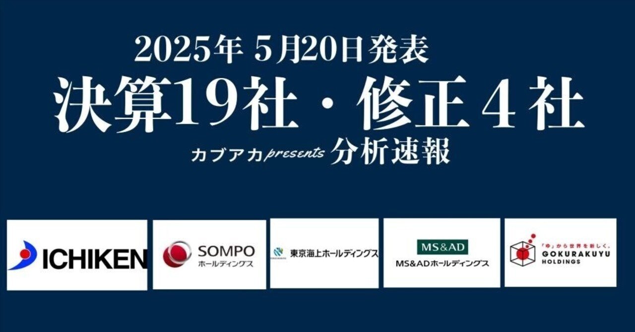 【速報!】5/20発表 決算19社・修正4社★東京海上、MS&AD、SOMPO、信金中央金庫、イチケン、極楽湯、グローバル・リンク・マネジメント、三櫻工業、ヴィッツ、など古賀真人@カブアカ
