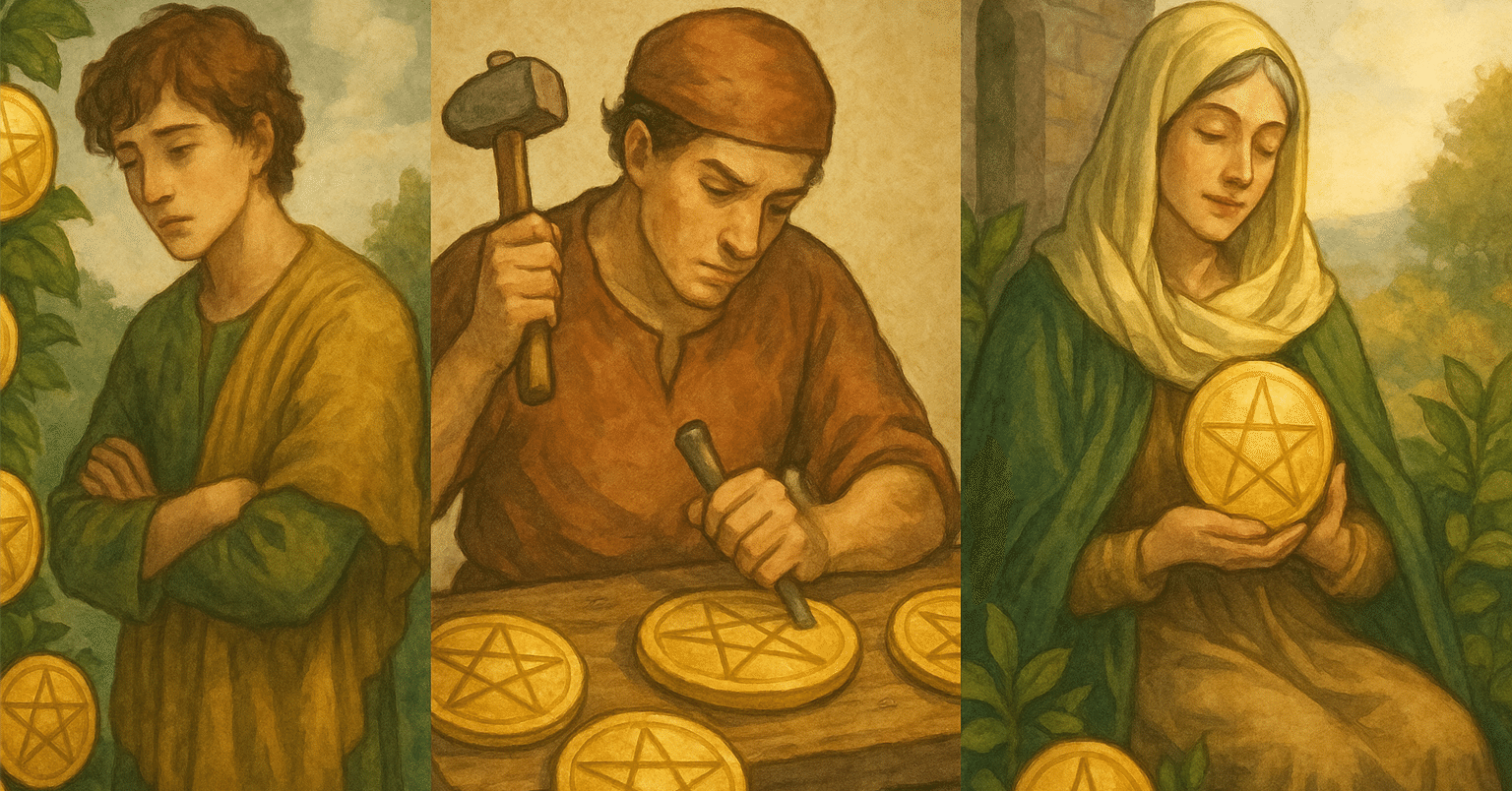 初心者向け】タロット｜ペンタクルの7・8・9の意味と努力・熟練・成果をやさしく解説｜星宙（ほしそら）タロット館