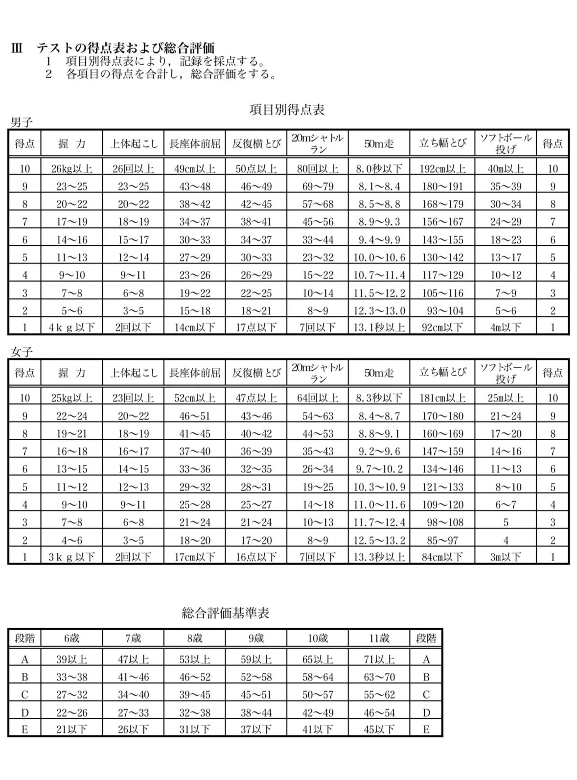 体力 テスト 点数