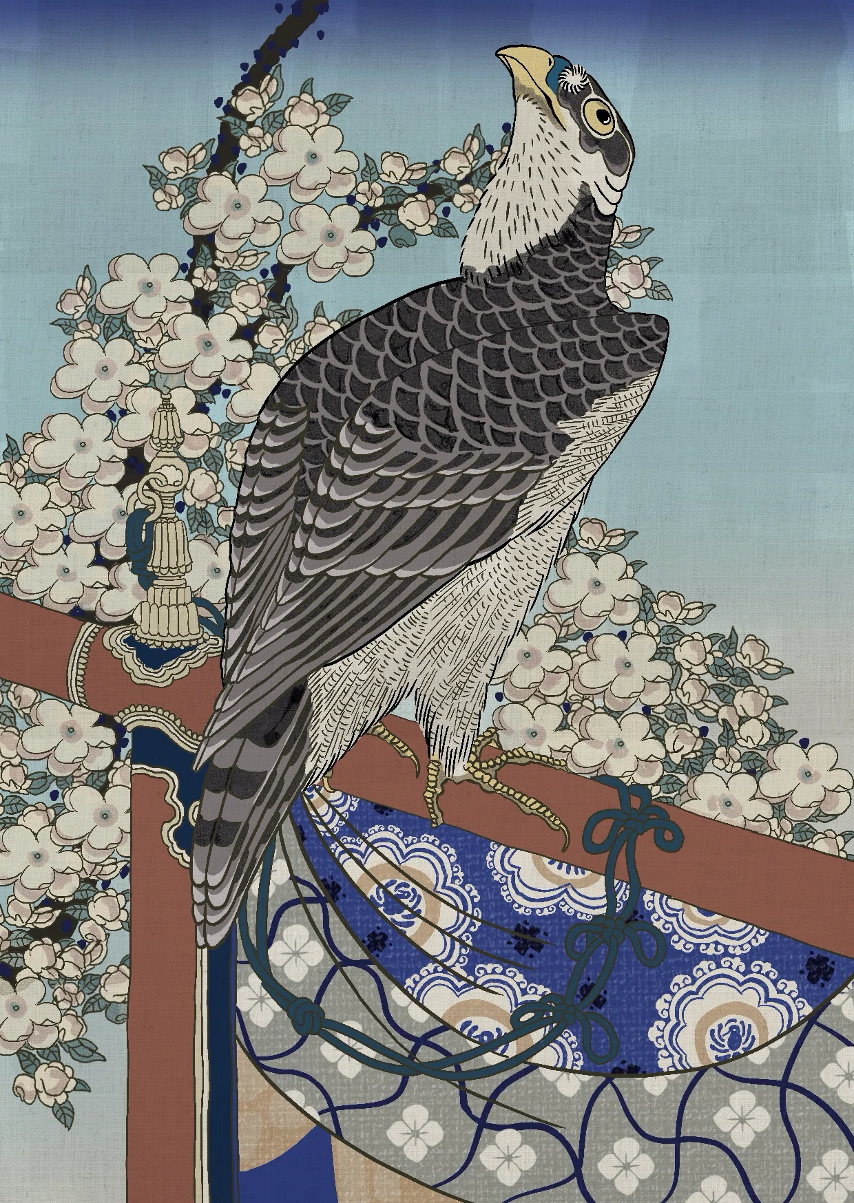 期間限定】壁掛けタイプ 葛飾北斎 「桜に鷹」古布 押絵 ハンドメイド