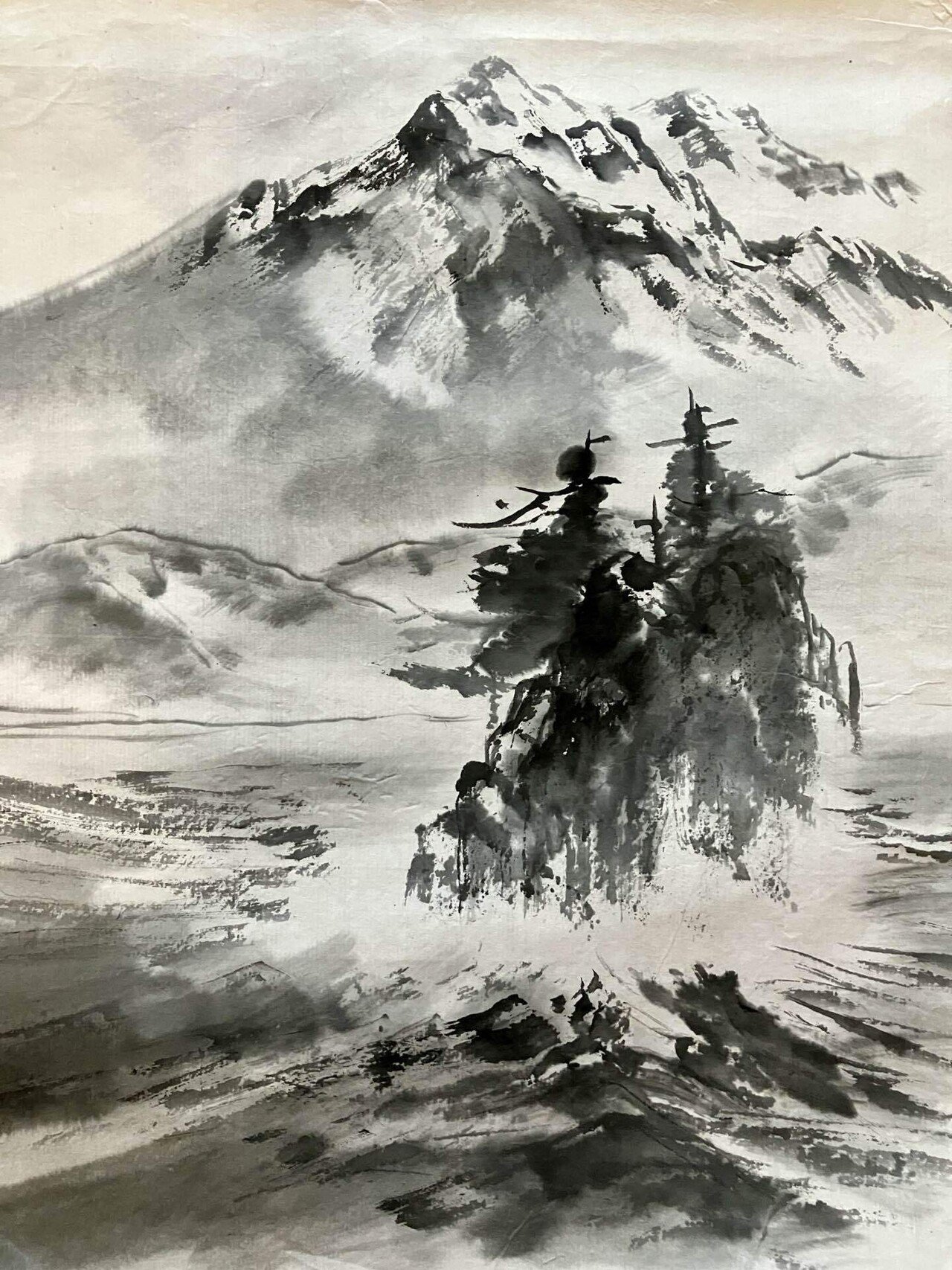 【真作】絵画　堀江晴翠　水墨山村風景画　静寂の里　郷土風景画　W123 真作】絵画 堀江晴翠 水墨山村風景画 静寂の里 郷土風景画 W123