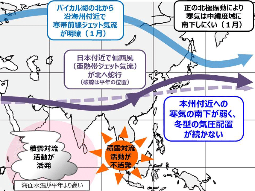 暖冬の原因の概念図