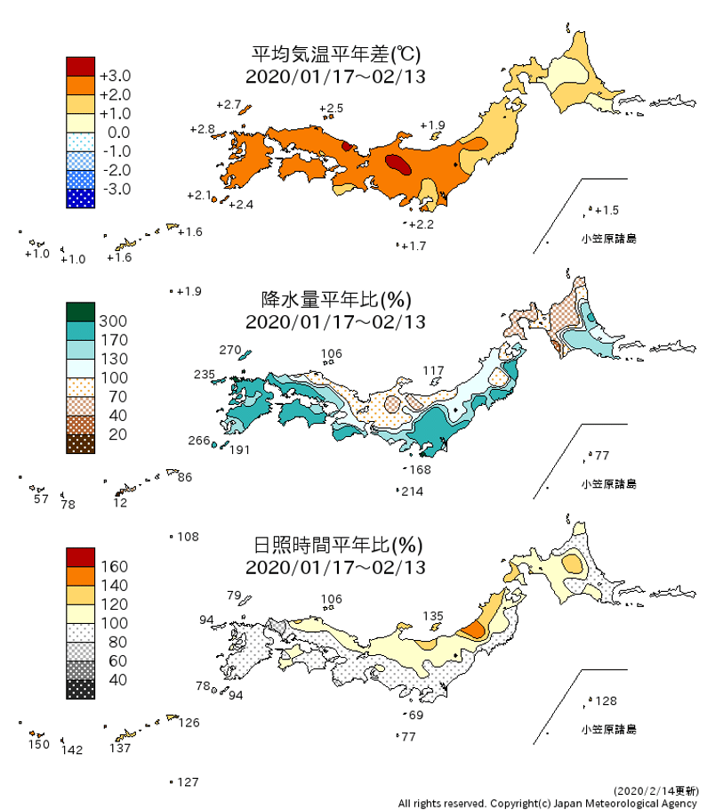 1〜2月の日本気象の平年差