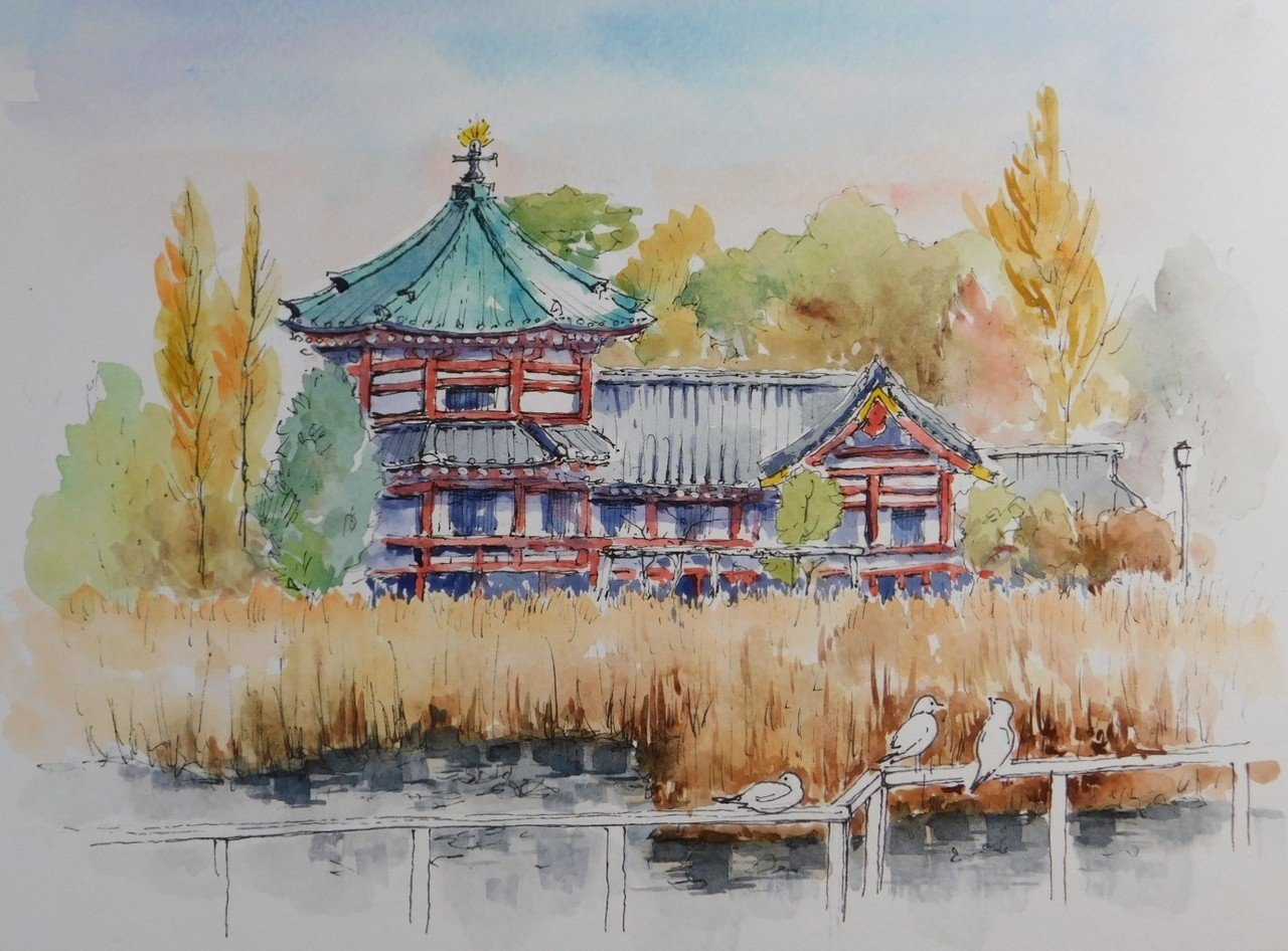 水彩画 上野公園不忍池蓮