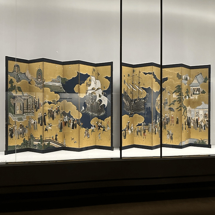 南蛮人図屏風 四曲一隻 時代名品 在銘 紙本彩色 旧家造出品 南蛮図屏風