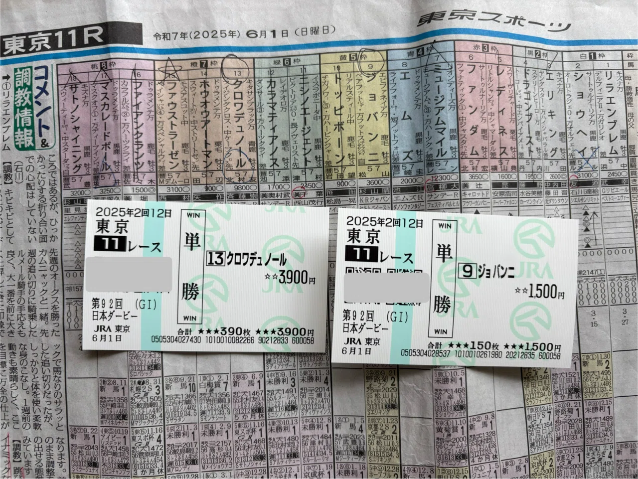 日本ダービー2025現地馬券 観戦料1万円と考えれば、大満足の日本ダービーでした。｜稲庭うどん