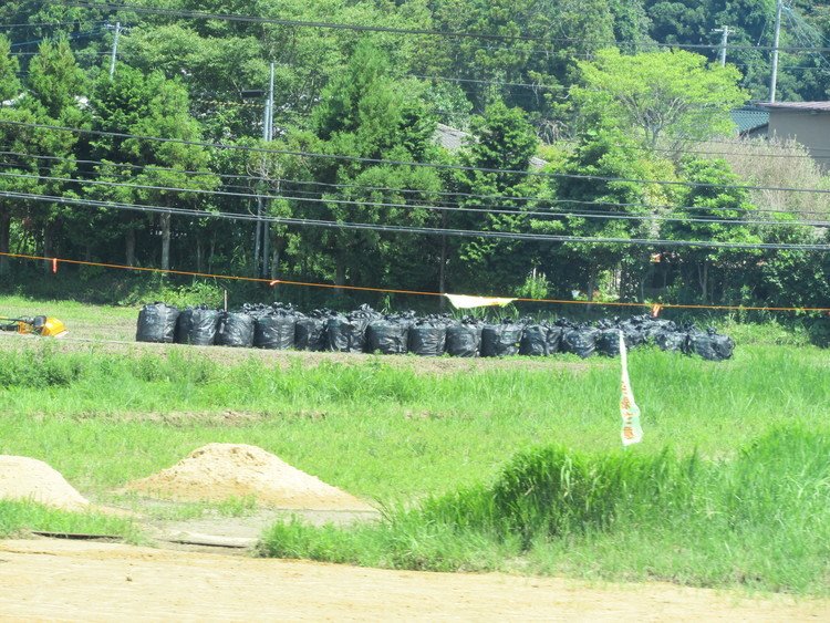 いわき市富岡町。除染ででた汚染土壌を入れた袋。いたるところに並んでいた。