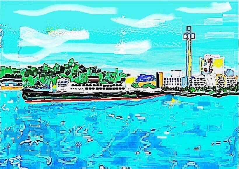 山下公園と氷川丸を遠望：普通は公園がどんな様子なのか遠くから