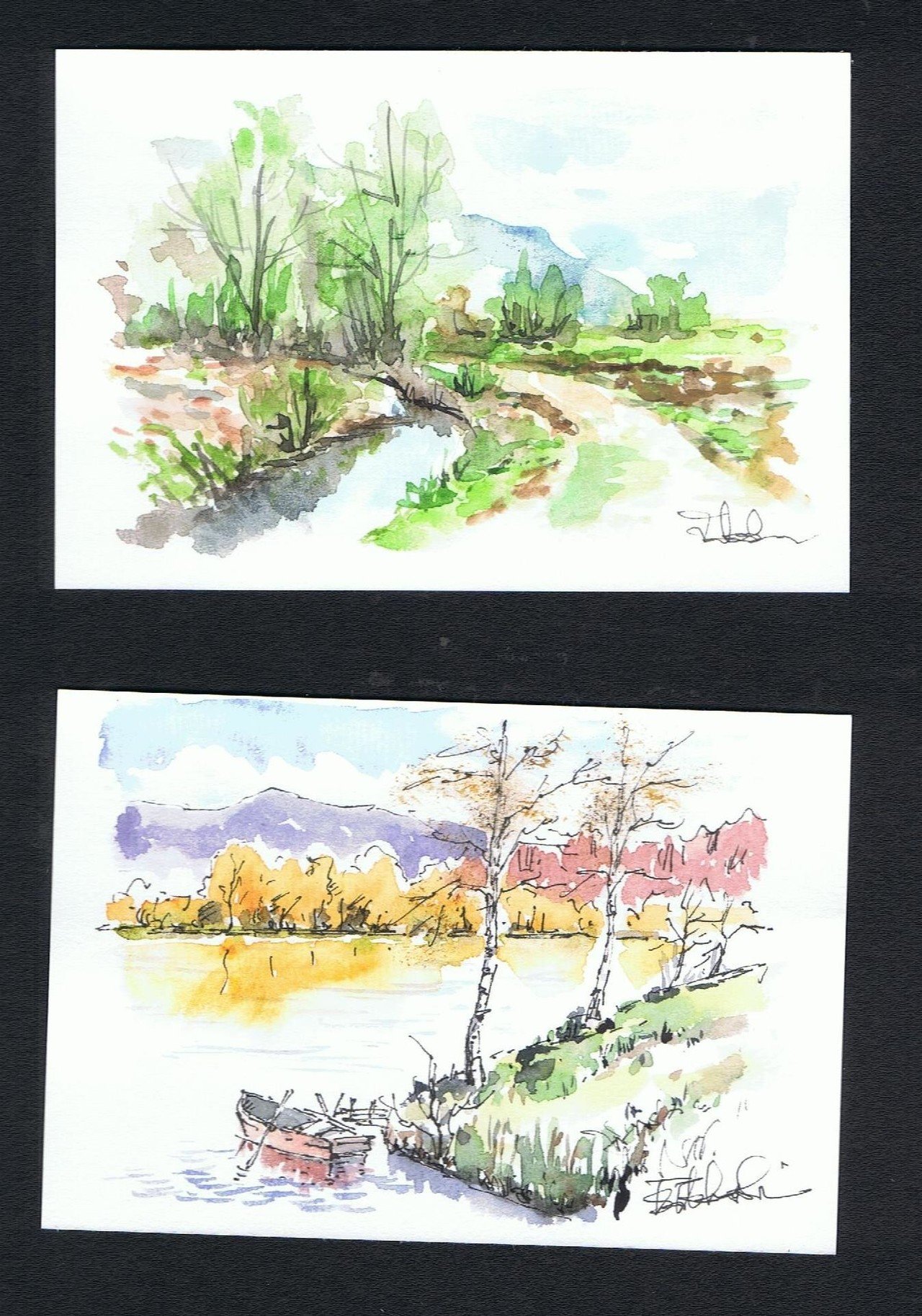 一日一絵 ハガキ絵 水辺 砂漠渓 Note