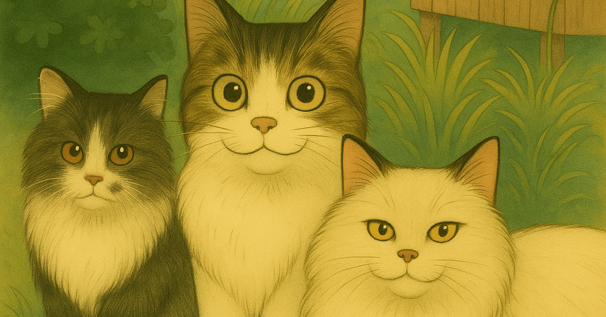 【原画】『苔むした猫　阿吽』植物　絵画　アンティーク d6828ca603f2d6b981161ec0d43cda