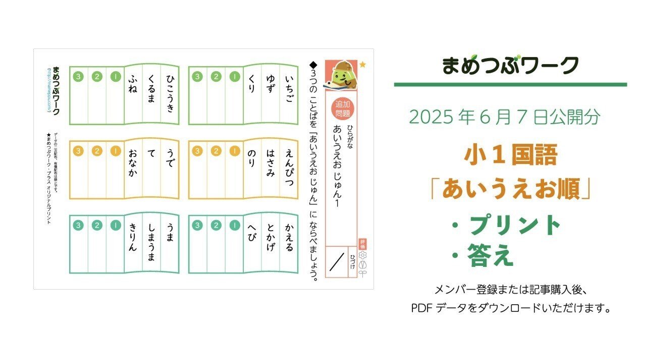 未記入　プリント　国語　E1EⅡ　400枚　解答つき プリント＆答え「ひらがな｜あいうえお順に並べよう」(全14枚)｜まめ