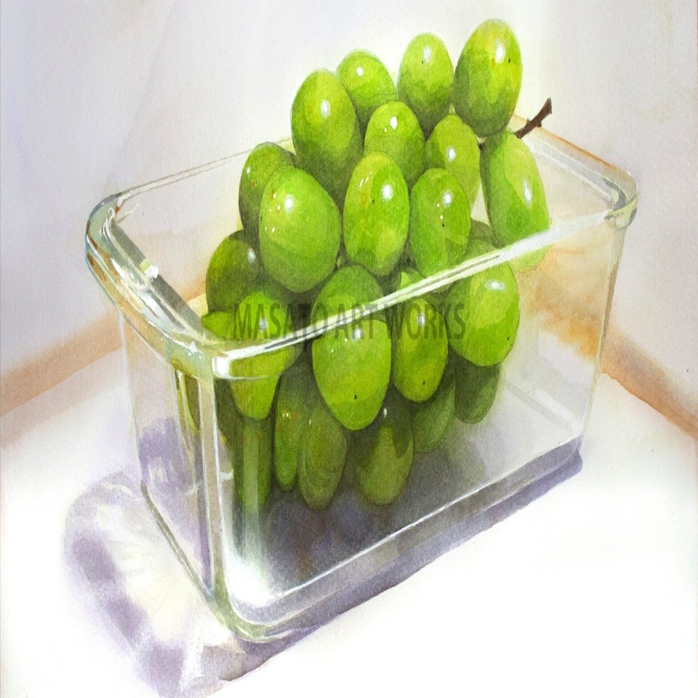 水彩でガラス容器とシャインマスカットを描きました・・・透明感と質感