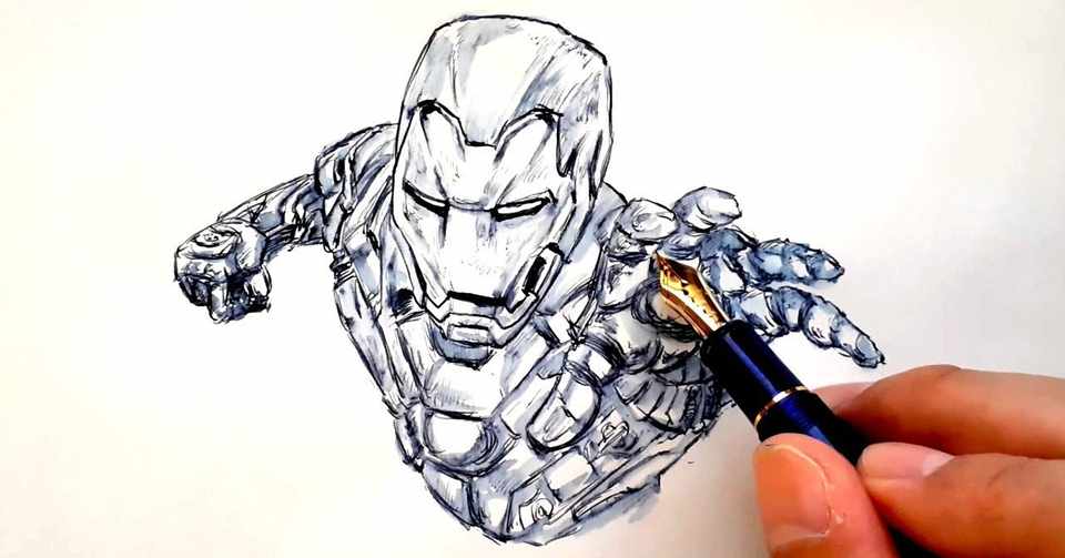 イラスト 映画 アベンジャーズ の アイアンマン を万年筆と水筆ペンで描いてみた Drawing Iron Man With Fountain Pen And Water Brush Pen 鼻毛山 真一 Note